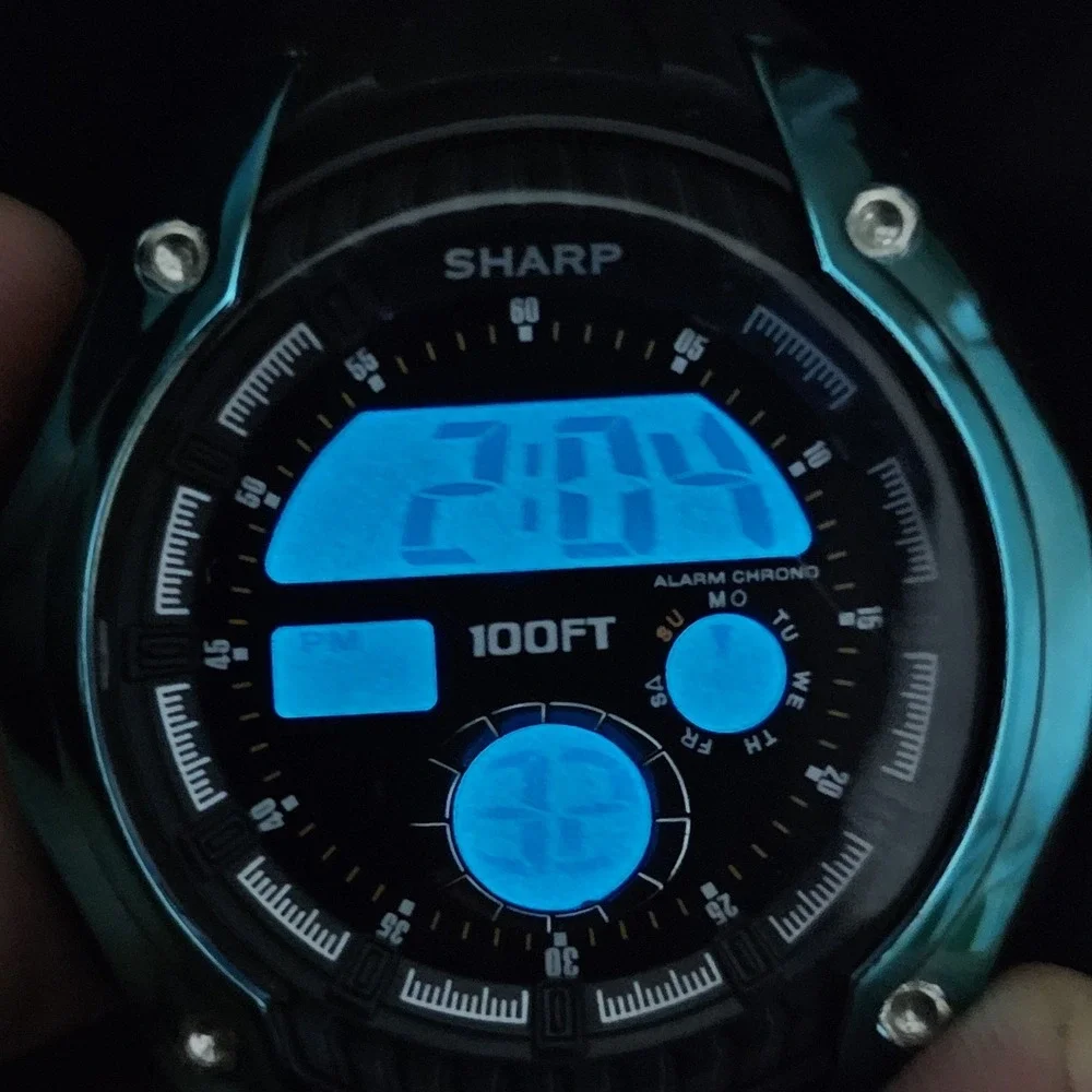Sharp Men's Digital Watch 45MM Black Plastic Bands‎ New Battery LIGHT VERY WEAK